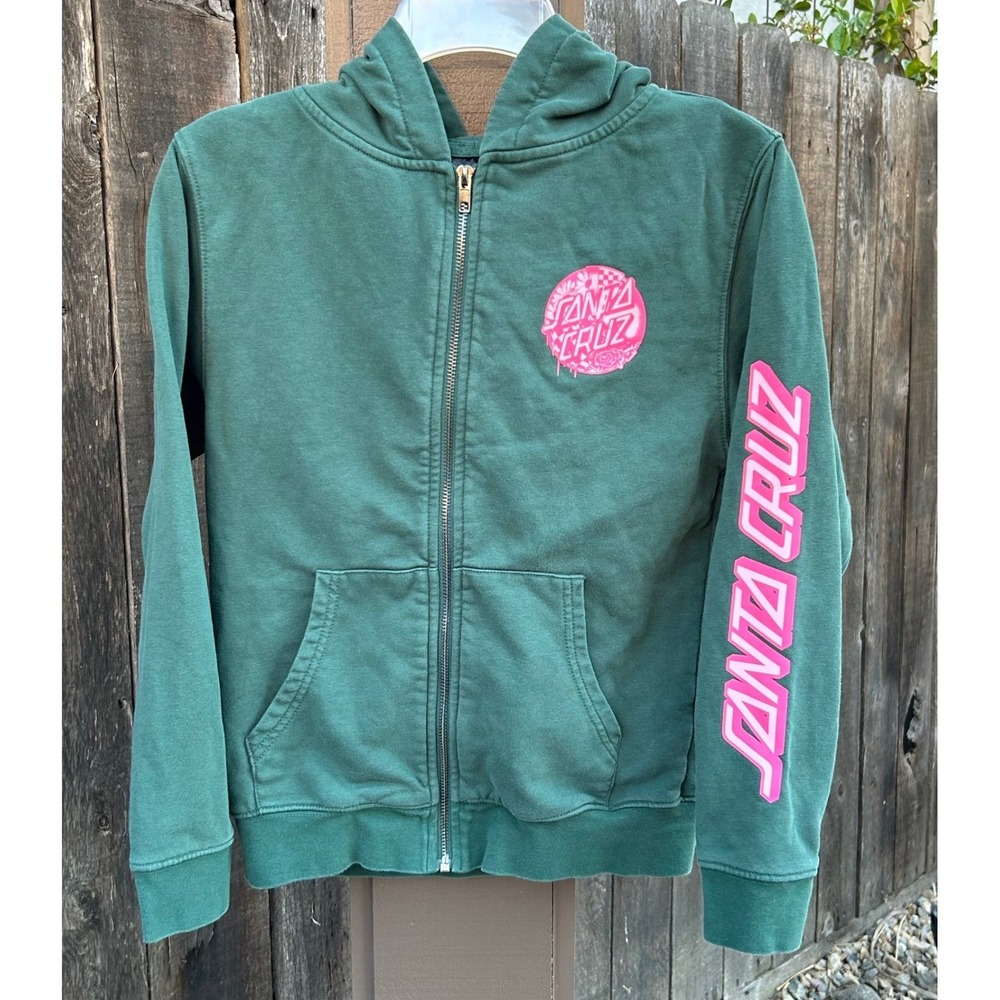 Santa Cruz Hoodie Kids Medium Green Pink Graphic Zip Up Skate‎ Sweatshirt